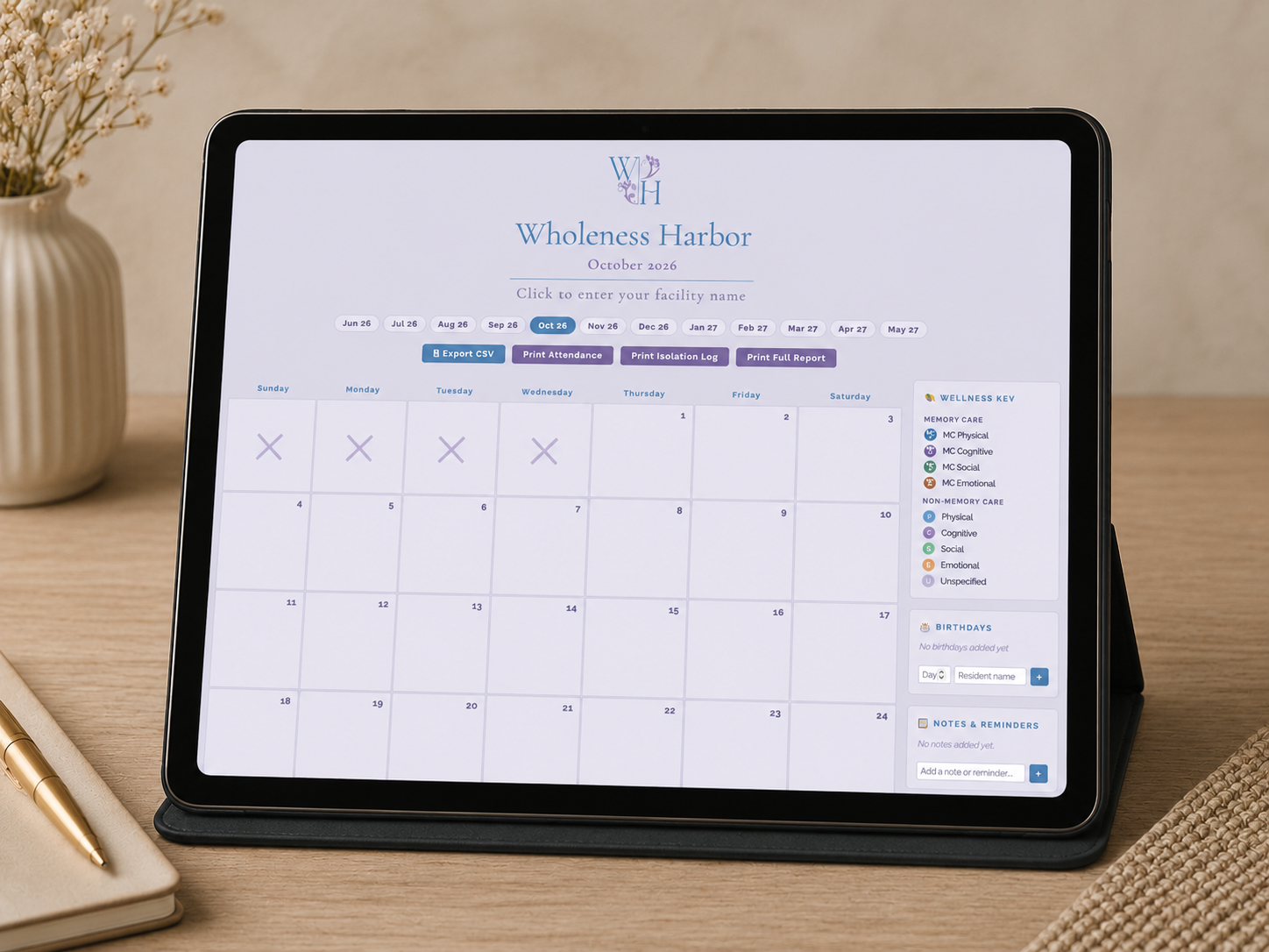 Wholeness Harbor Activities Staff Compliance Calendar (No Programming Included)